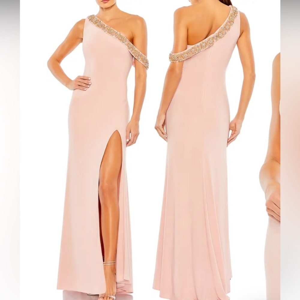 MAC Duggal one shoulder beads/crystals neck maxi dress in rose jersey,New, sz 4